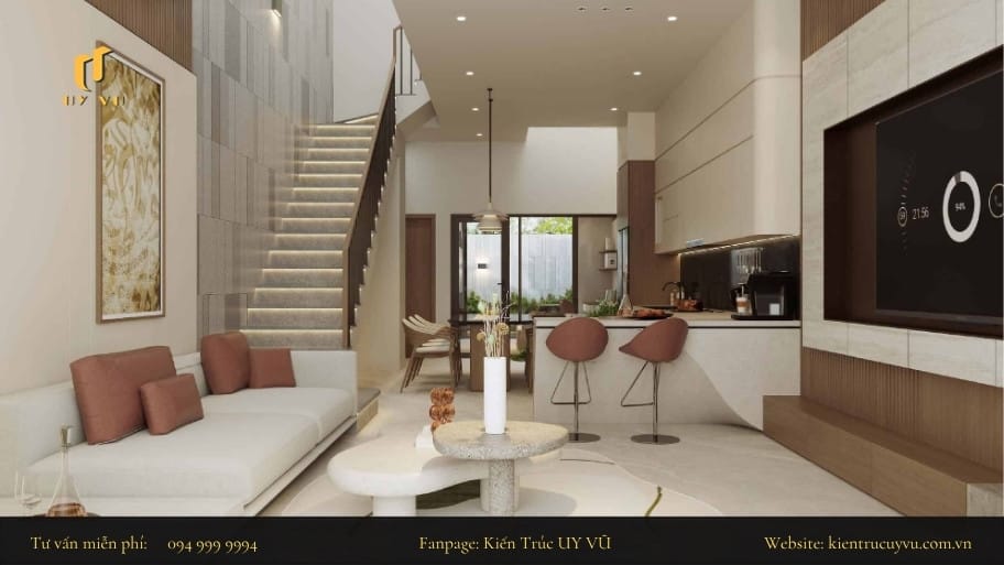 Giải pháp thiết kế nhà có chiều sâu hẹp đẹp và tiện nghi Sự bố trí nội thất và các khu vực công năng liền mạch tạo cảm giác hài hòa tổng thể