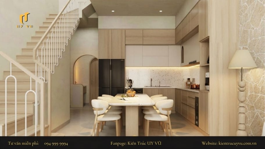 Thiết kế phòng khách nhà ống 3m liền kề với bếp để tạo nên không gian có chiều sâu