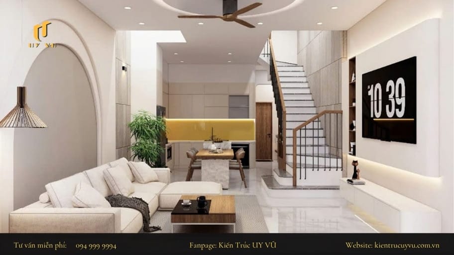 Tổng hợp các mẫu thiết kế phòng khách nhà ống có cầu thang hài hòa giữa công năng và thẩm mỹ Thiết kế phòng khách nhà ống có cầu thang đẹp và tối ưu diện tích