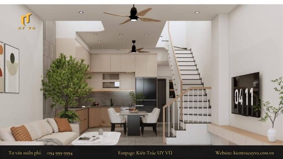 Tổng hợp các mẫu thiết kế phòng khách nhà ống có cầu thang hài hòa giữa công năng và thẩm mỹ Kết hợp các giải pháp không gian xanh và thông tầng để tạo cảm giác rộng rãi và thông thoáng cho khu vực phòng khách