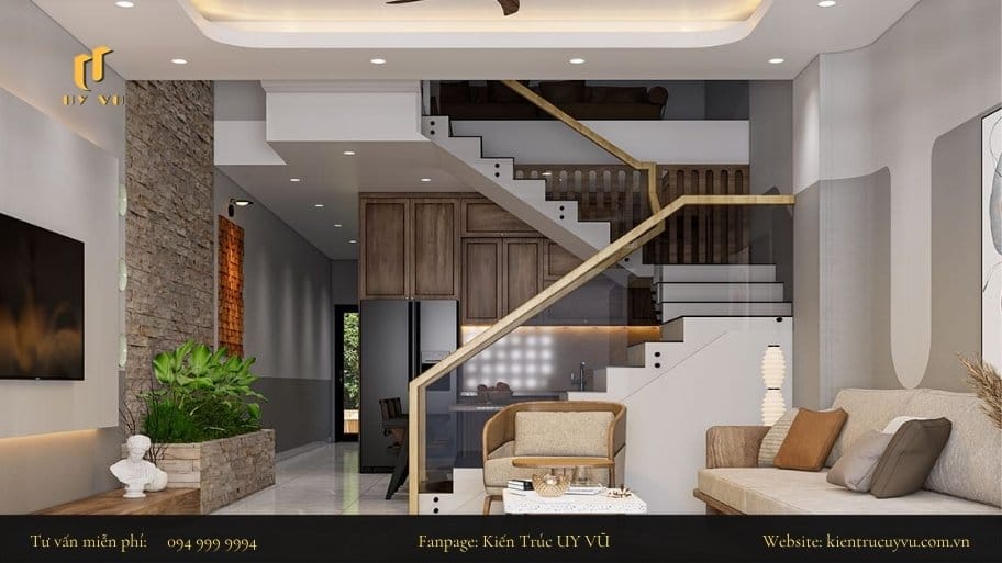 Tổng hợp các mẫu thiết kế phòng khách nhà ống có cầu thang hài hòa giữa công năng và thẩm mỹ Kiến Trúc Uy Vũ đem lại thiết kế phòng khách nhà ống có cầu thang phù hợp với từng diện tích đất khác nhau