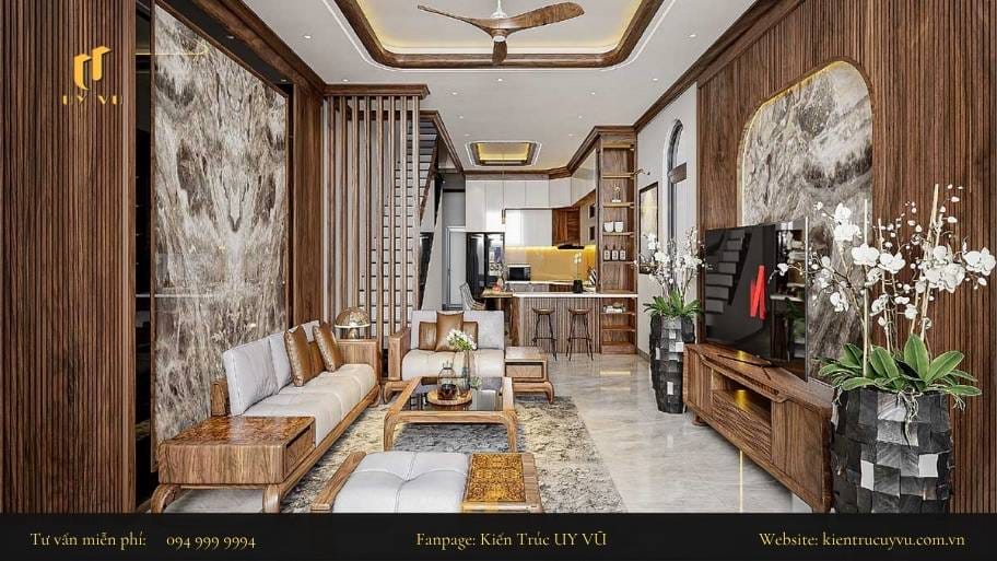 Phòng khách nhà ống 3m nổi bật với các thiết kế gỗ