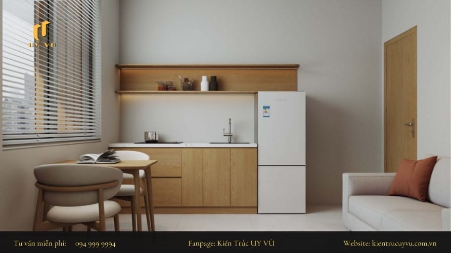 Mẫu thiết kế nhà bếp nhỏ được liên kết với phòng khách để tối ưu diện tích căn hộ