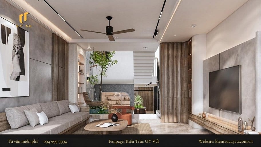 Sử dụng các giải pháp như lấy sáng tự nhiên và khu vực cây xanh để tạo cảm giác thông thoáng và rộng rãi cho ngôi nhà