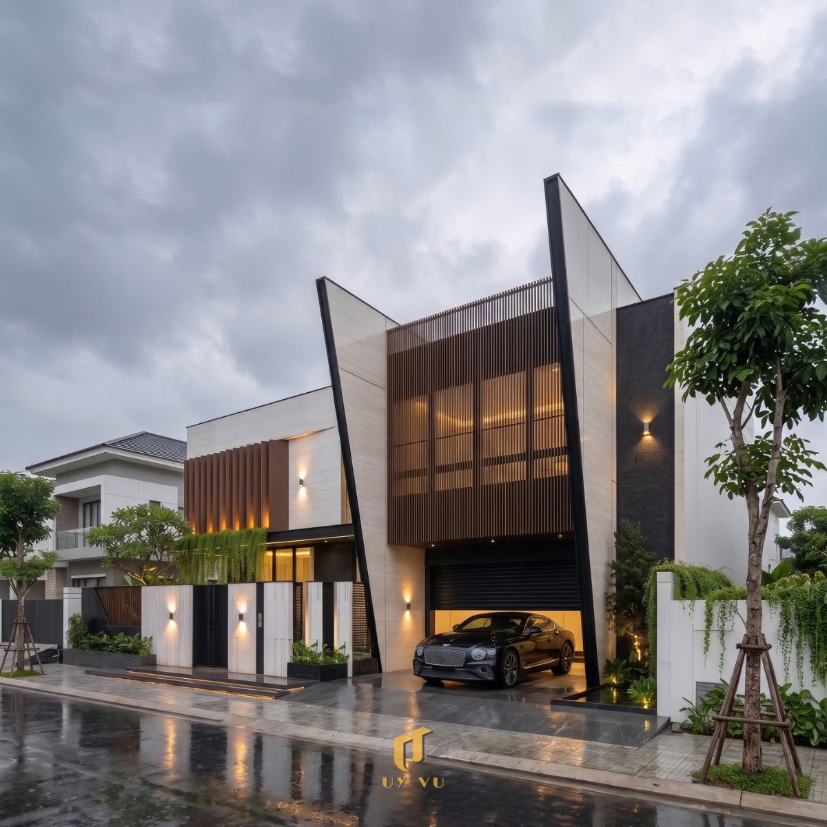 Kiến trúc sang trọng, đường nét tinh tế - Biệt thự chị Hà Thư Phối cảnh mặt tiền biệt thự chị Hà Thư